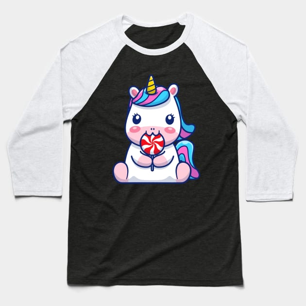 Cute Unicorn Eating Lollipop Cartoon Baseball T-Shirt by Catalyst Labs